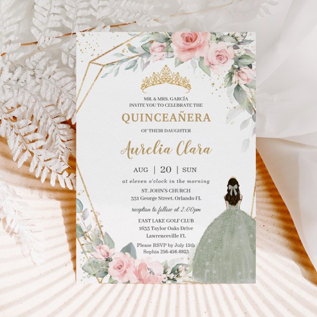 Convite Sábio Floral Rosa Cinza Verde Princesa Quinceañera (Criador carregado)