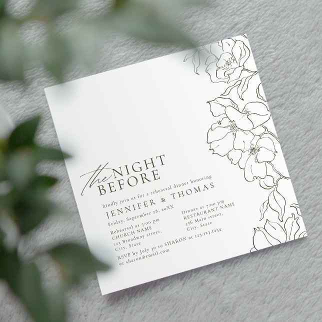 Convite Sábio floral verde na noite anterior ao ensaio (Elegant hand drawn floral sage green rehearsal dinner invitations)