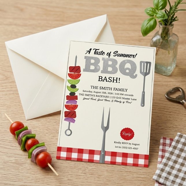 Convite Sabor de Verão Churrasco Vermelho Xadrez Gingham (Criador carregado)