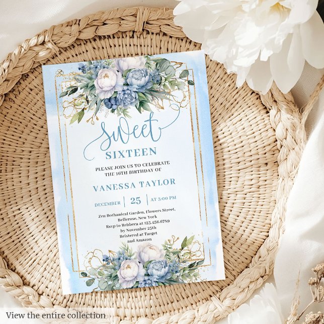 Convite Sabor Dourado Floral Branco Azul Pastel Elegante 1 (Elegant Pastel Blue White Gold Floral Sweet 16 Invitation)