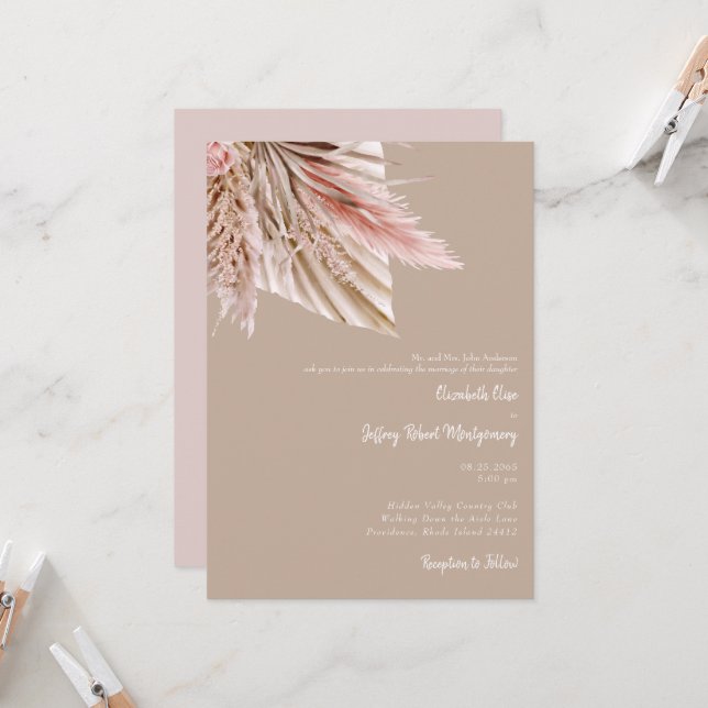 Convite Sabpy Watercolor Pampas Tan & Pink (Frente/Verso In Situ)