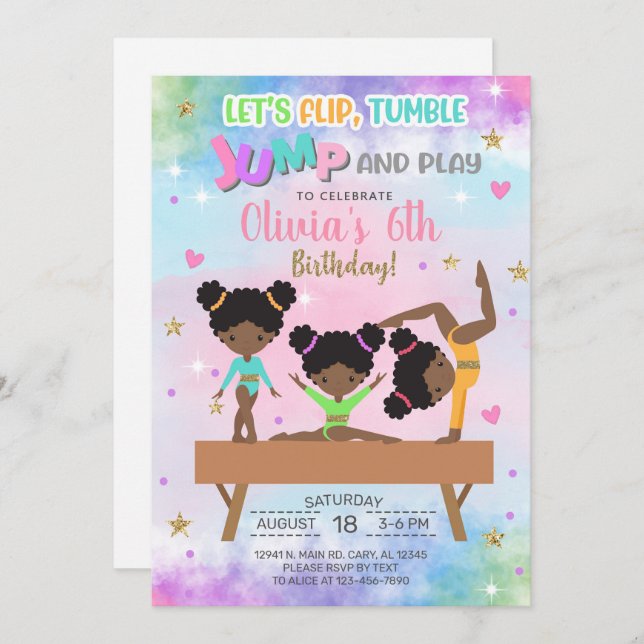 Convite Sacudir de ginástica de salto e joga aniversário d (Frente/Verso)