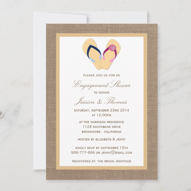 Convite Sacudir Flop Sandy Beach No Chá Do Noivado Burlap (Frente)