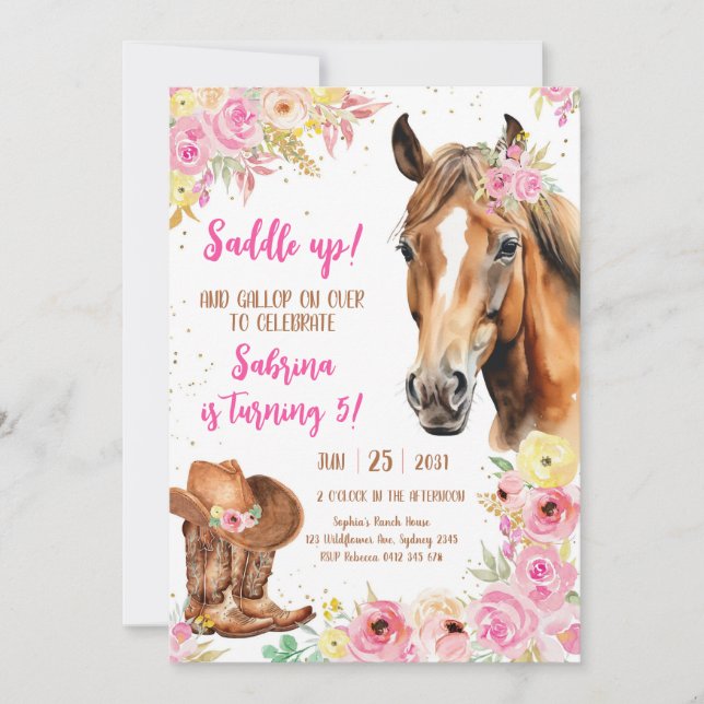 Convite Saddle Up Horse Cowgirl Birthday Invitation (Frente)