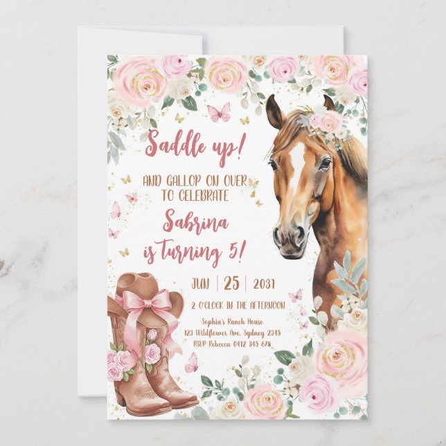 Convite Saddle Up Horse Cowgirl Birthday Invitation (Frente)