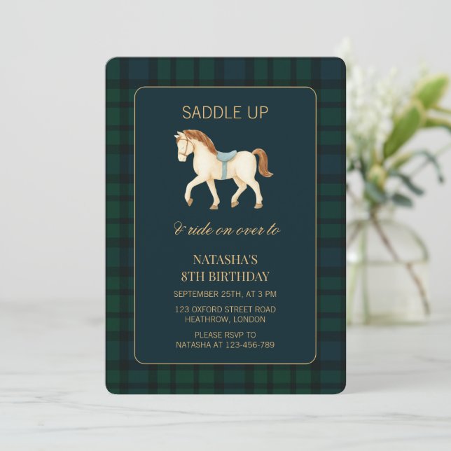 Convite Saddle Up Preppy Horse Birthday  (Em pé/Frente)