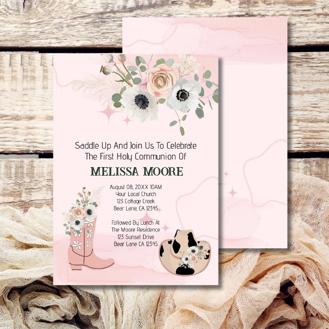 Convite Saddle Up Western Cowgirl Primeira Comunhão Santa (Criador carregado)