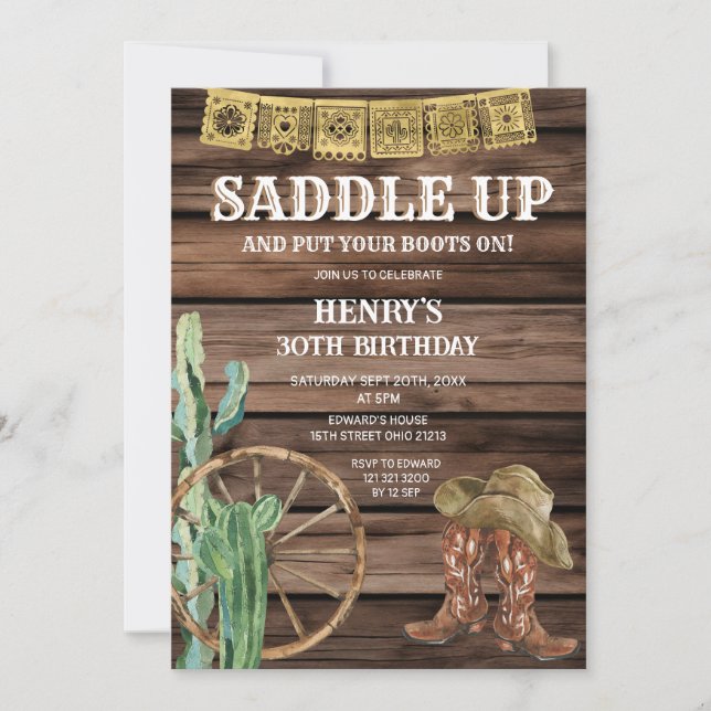 Convite Saddle Western Cowboy Birthday - Madeira russa (Frente)