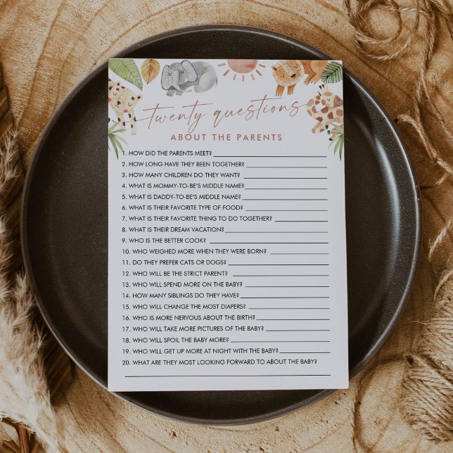 Convite SAFARI 20 Perguntas sobre o Jogo do Bebê dos Pais (Criador carregado)