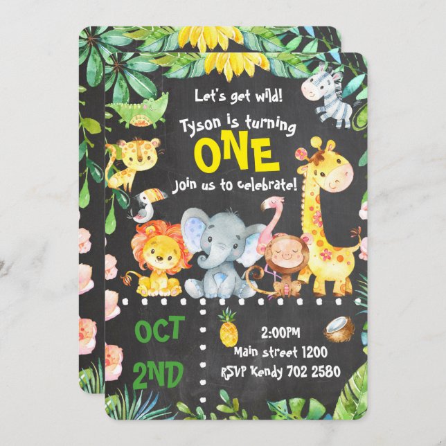 Convite Safari Animais Invocando Selva Aniversário ZOO (Frente/Verso)