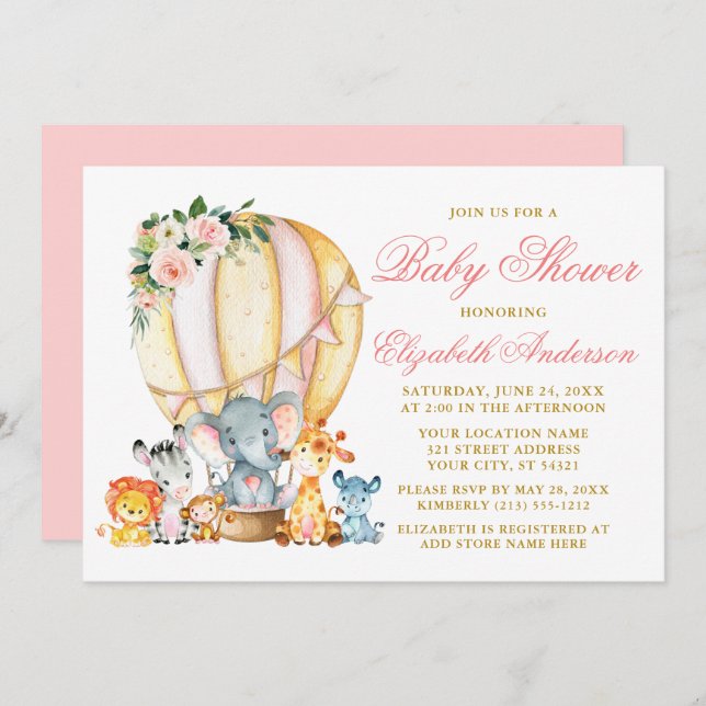 Convite Safari Animais Rosa Chá de fraldas de Balão de Ar  (Frente/Verso)