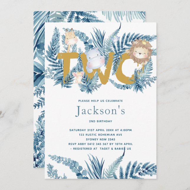 Convite Safari Animais Segundo Aniversário (Frente/Verso)