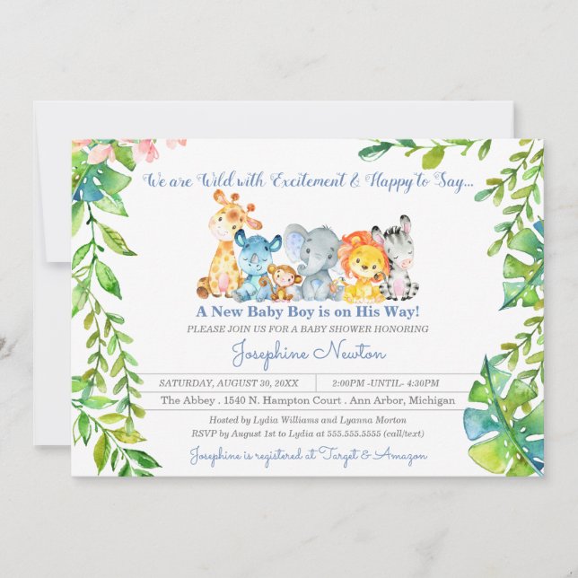 Convite Safari Animais Selvagens Chá de fraldas da Selva (Frente)