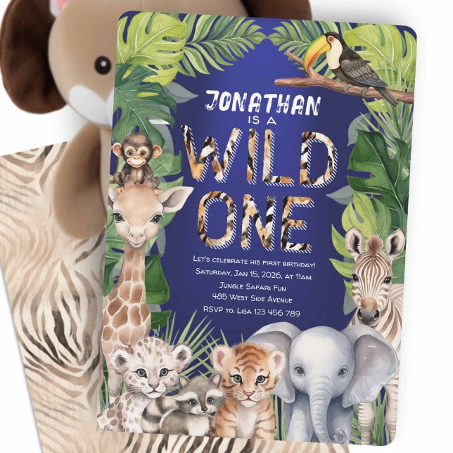 Convite Safari Animais selvagens de um primeiro aniversari (Navy Blue, Wild one, safari themed first birthday,)