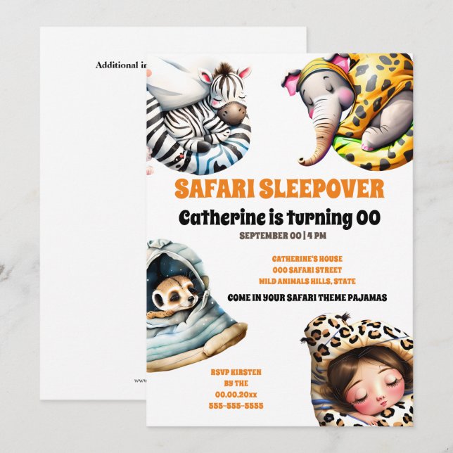 Convite Safari animais selvagens dormindo pijama (Frente/Verso)