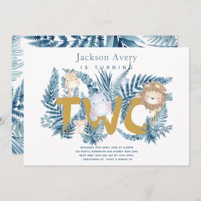 Convite Safari Animais Tropicais Segundo Aniversário (Frente/Verso)