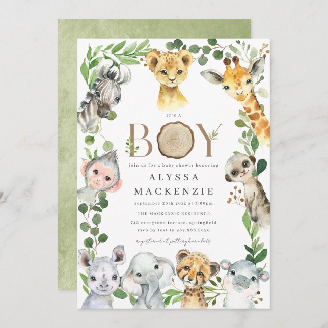 Convite Safari Animal Baby Shower Invitation (Frente/Verso)