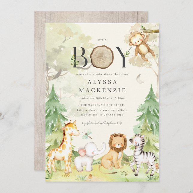 Convite Safari Animal Baby Shower Invitation (Frente/Verso)