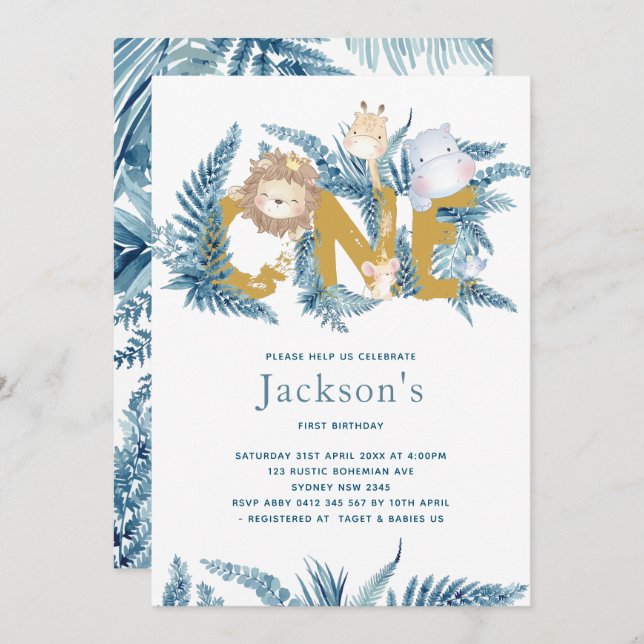 Convite Safari Animal Primeiro Aniversário (Frente/Verso)