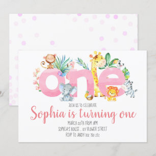 Convite Safari Animal Selgle Rosa 1rua Primeiro Aniversári