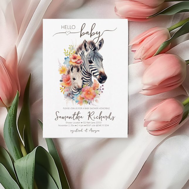 Convite Safari Animal Zebra Chá de fraldas Floral (Safari Animal Zebra Floral Baby Shower Invitation)