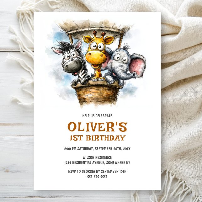 Convite Safari Animals 1st Birthday Party Invitation (Criador carregado)