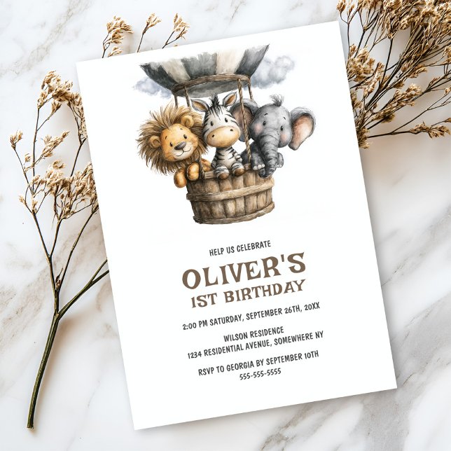 Convite Safari Animals 1st Birthday Party Invitation (Criador carregado)