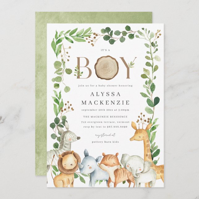 Convite Safari Animals Baby Shower Invitation (Frente/Verso)