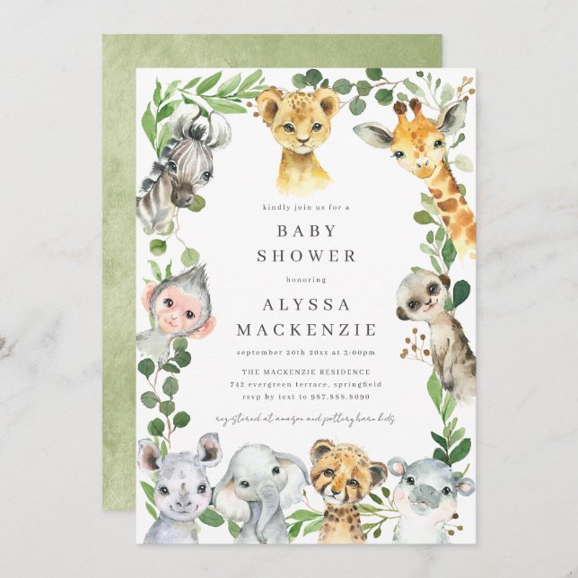 Convite Safari Animals Baby Shower Invitation (Frente/Verso)