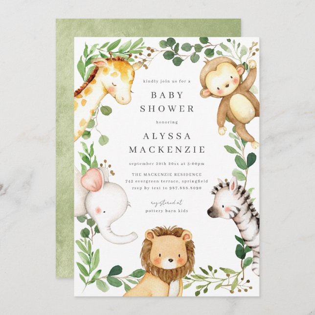 Convite Safari Animals Baby Shower Invitation (Frente/Verso)
