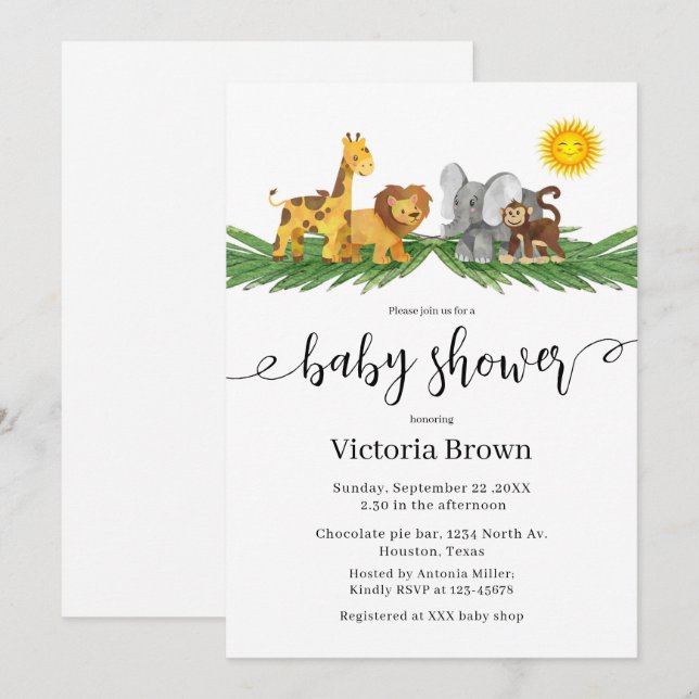 Convite Safari Animals Baby Shower Invitation (Frente/Verso)