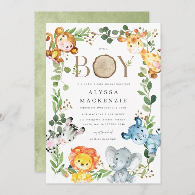 Convite Safari Animals Baby Shower Invitation (Frente/Verso)