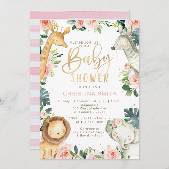Convite Safari Animals Baby Shower Invitations for Girls (Frente/Verso)