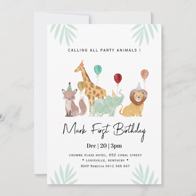 Convite Safari Animals Birthday party (Frente)