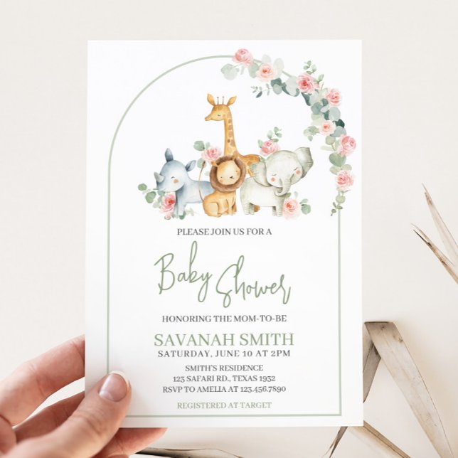 Convite Safari Animals Floral Baby Shower  (Greenery Safari Animals Baby Shower Invitation)