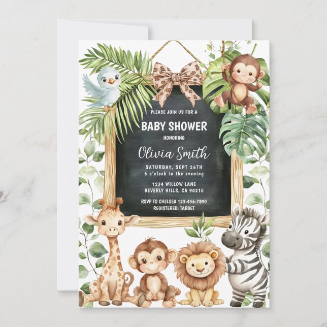 Convite  Safari Animals Greenery Baby Shower (Frente)