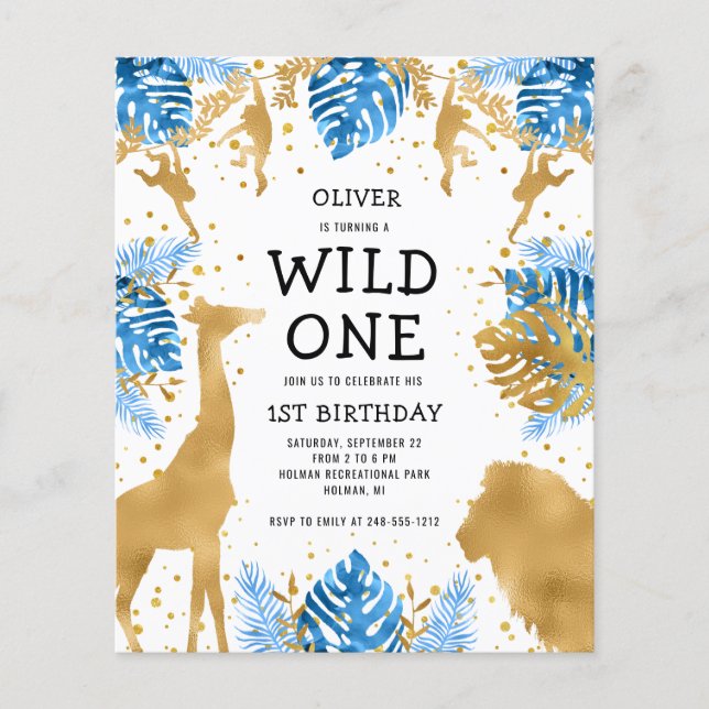 Convite Safari Azul para 1º Aniversário de Meninos (Frente)