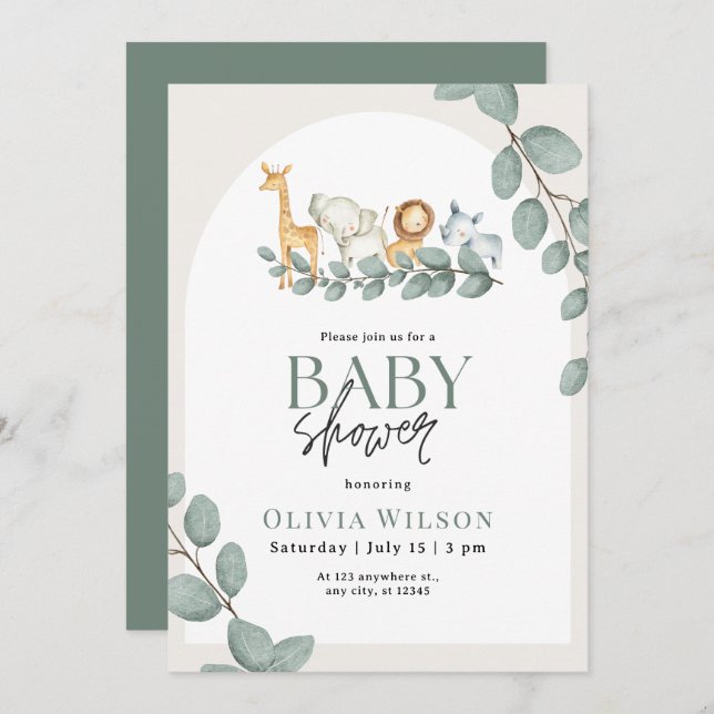 Convite Safari Baby Shower Invite, Greenery Jungle Neutral (Frente/Verso)