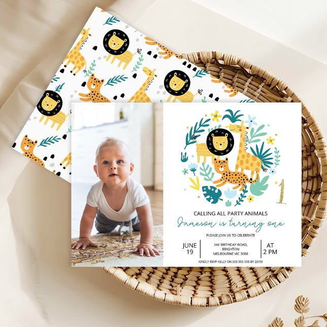 Convite Safari Blue Chamando Todos os primeiros aniversari (Calling All Party Animals Safari 1st Birthday Invitation Baby Boy,
Photo Safari Wild One Birthday)