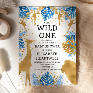 Convite Safari Boy Baby Shower Azul Dourado