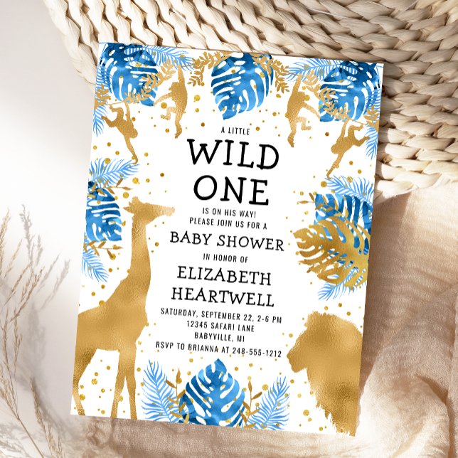 Convite Safari Boy Baby Shower Azul Dourado (Criador carregado)