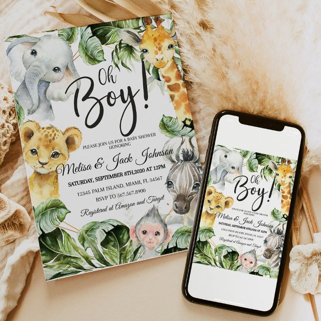 Convite Safari Chá de fraldas Invitation Boy Jungl Wild ba (Safari Baby Shower Baby Boy Shower invitation with jungle animals like lions, giraffes, and elephant)