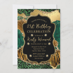 Convite Safári da Selva Verde Glitter Ágata 21º Aniversári