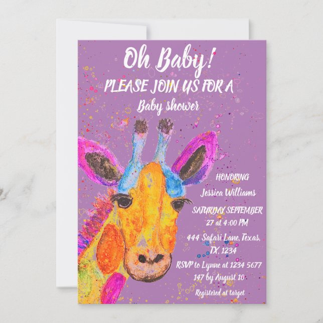 Convite Safari de Aquarela de Girafa Jardim Cute Baby Show (Frente)