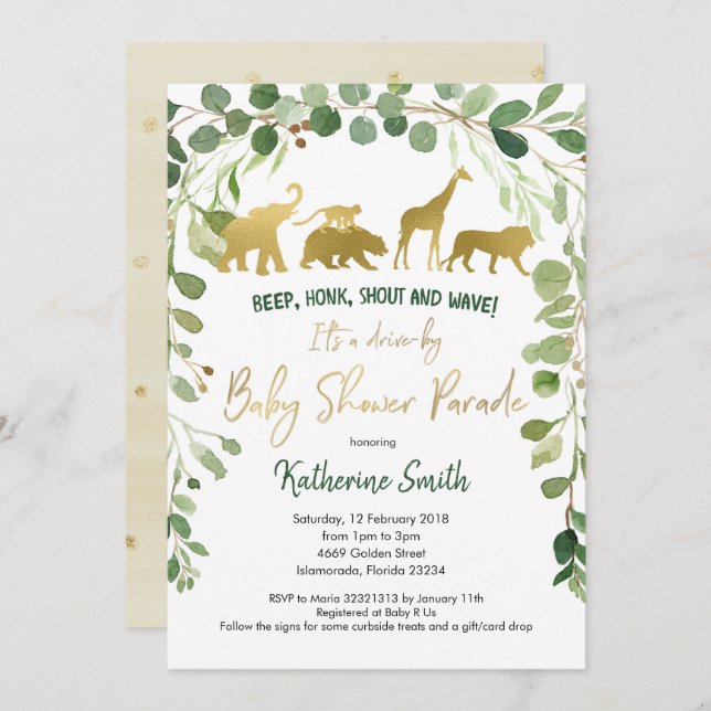 Convite Safari Drive by Chá de fraldas Parade (Frente/Verso)