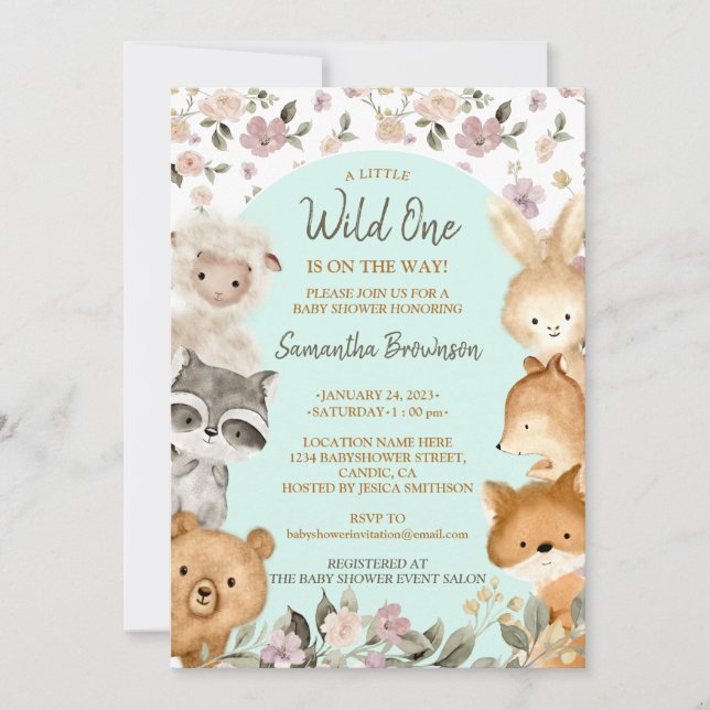 Convite Safari Farm Animal Bear Fox Rabbit Raccoon blue (Frente)