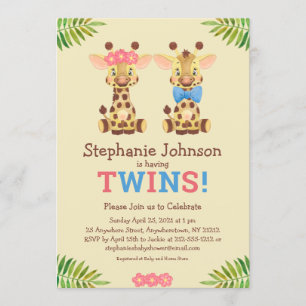 Convite Safari Giraffe Twins Boy e Rapariga Chá de fraldas