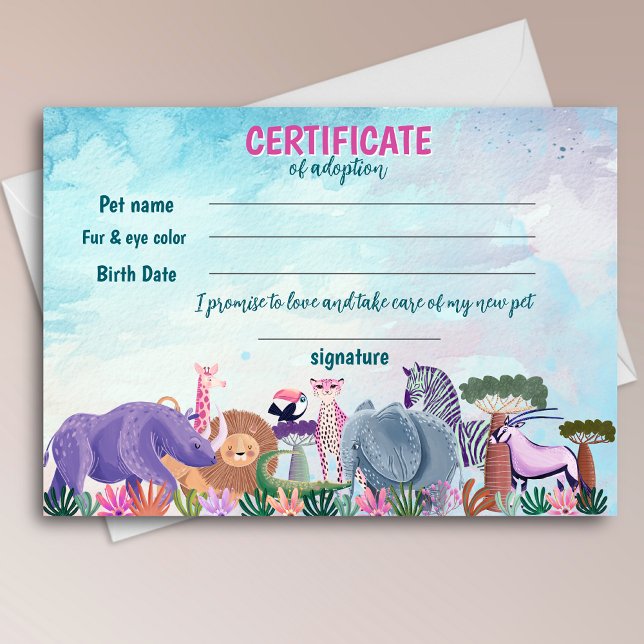Convite Safari girl birthday animal adoption certificate (Criador carregado)
