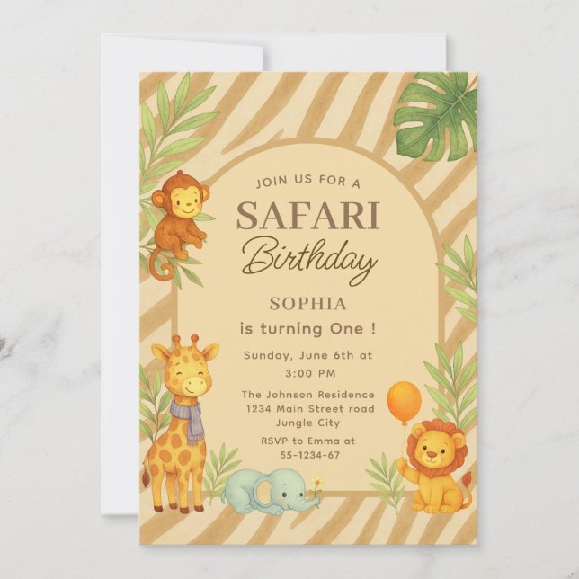 Convite Safari Jungle Animals First Birthday  (Frente)