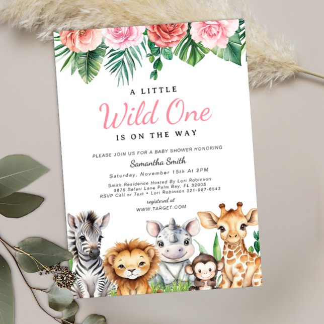 Convite Safari Jungle Baby Girl Chá Tropical (Fun Safari Themed Baby Shower Invite)